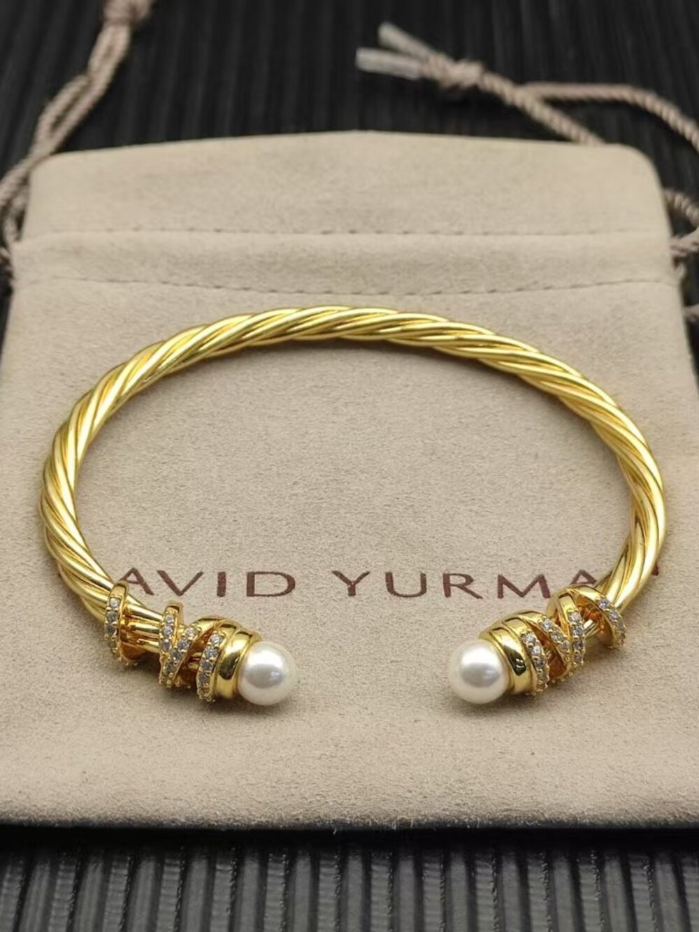 David Yurman Gold‑Tone Twisted Cable Cuff Bracelet Pearl & Pave Accent Tips